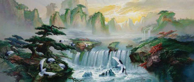 Waterfall Pines and Cranes Wall Mural DS6022