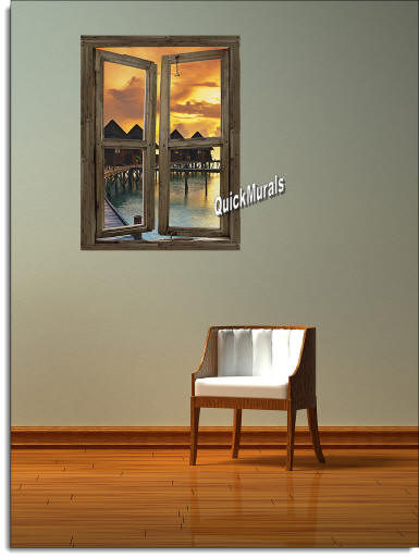 Beach Resort Sunset Window Wall Mural Roomsetting