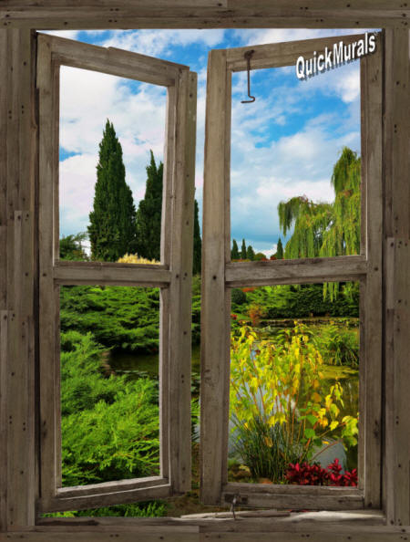 Garden Lake Cabin Window Wall Mural 