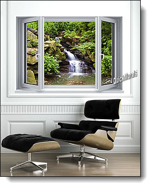 Mountain Waterfall Window Mural Roomsetting